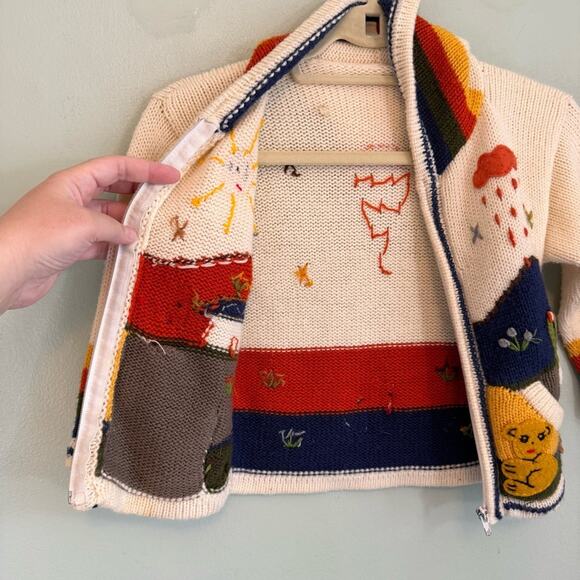 Sweater Kids Multicolor Hand Knitted Wool 3D Hooded Long Sleeve Full Zip - Picture 7 of 9